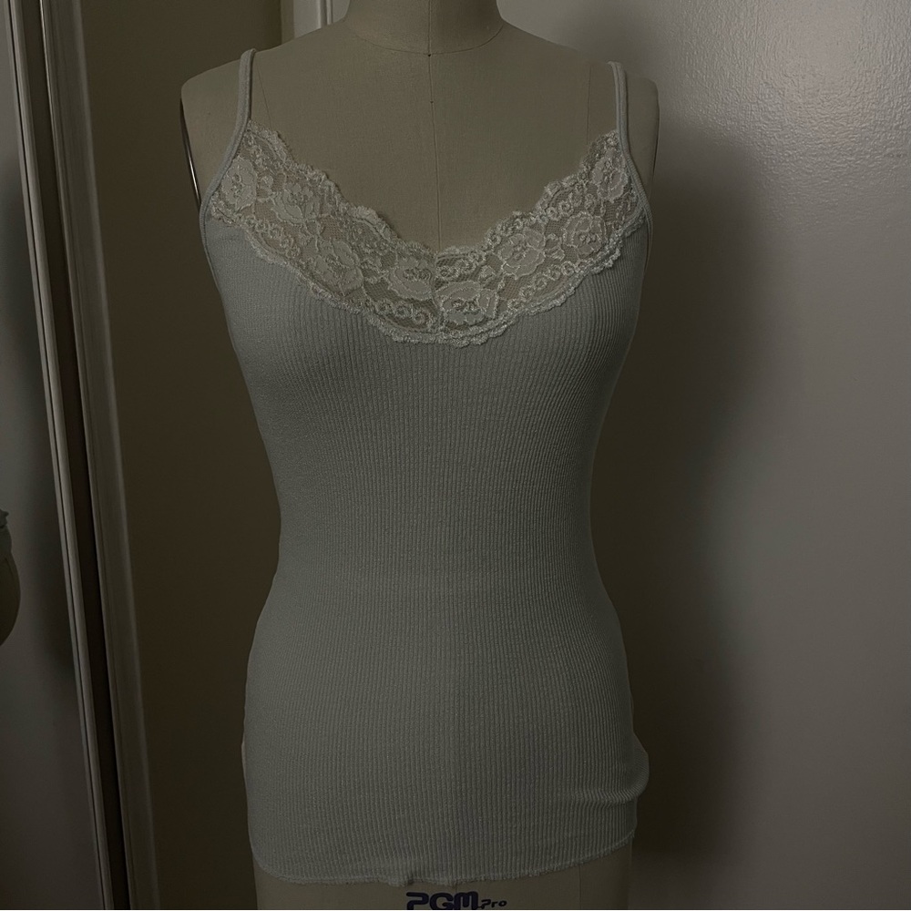 Michael Stars vintage Baby blue shimmery with white lace trim tank top